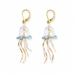 Iridescent Jellyfish Drop Earrings Gold Tone Lever Back Blue‎ Coastal 3"